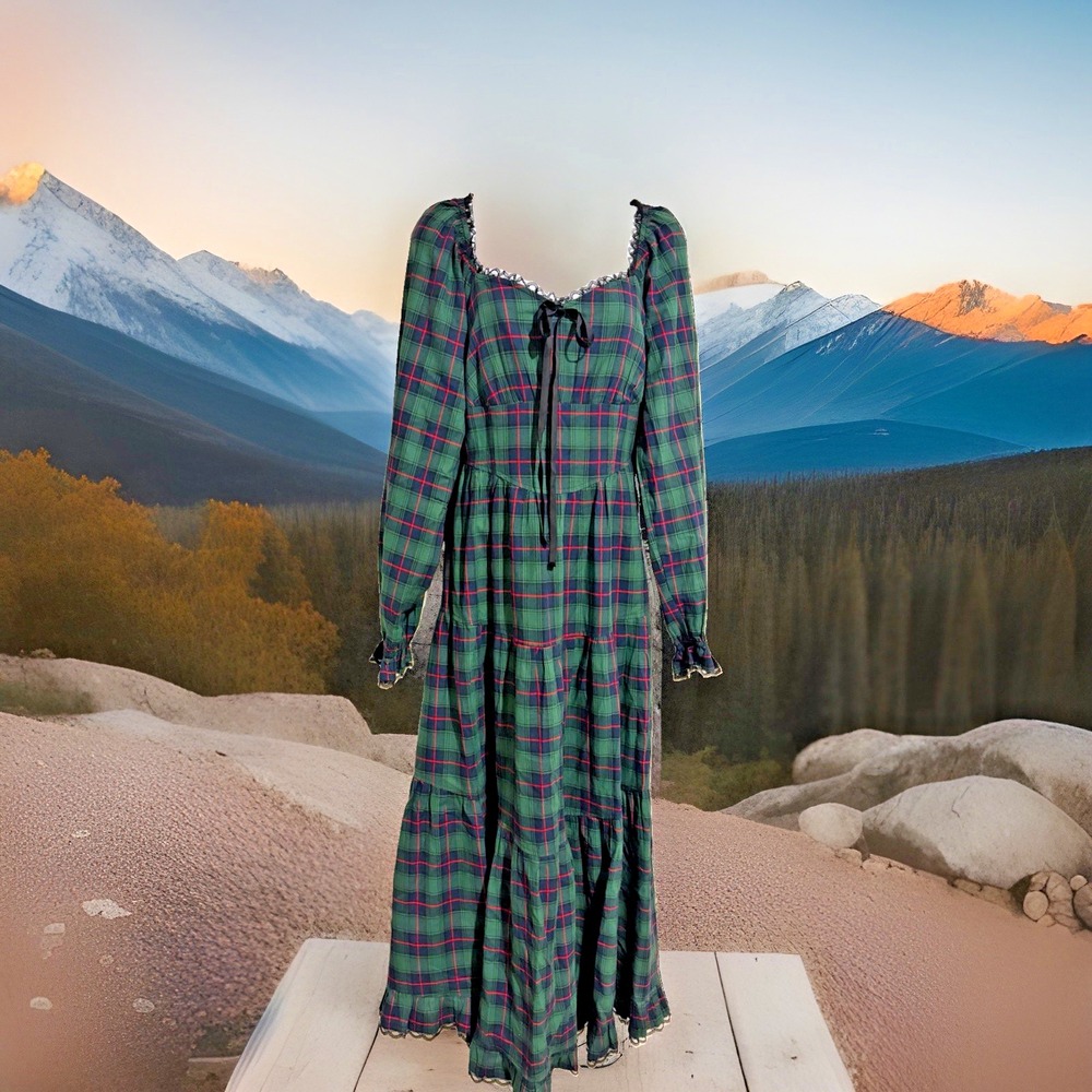 Listicle Prairie Maxi Dress L Tartan Plaid 100% Cotton Peasant Cottagecore NWT